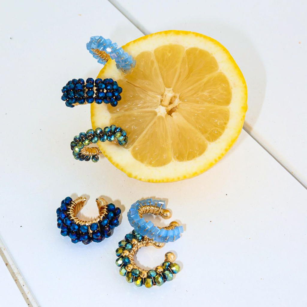Handmade_EarCuffs_Blue_Green_SemipreciousBeads_Modeled_Lemon